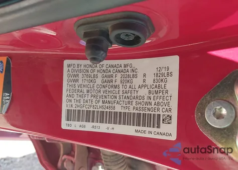 2020 Honda Civic Sport from USA, damaged, VIN 2HGFC2F82LH524858